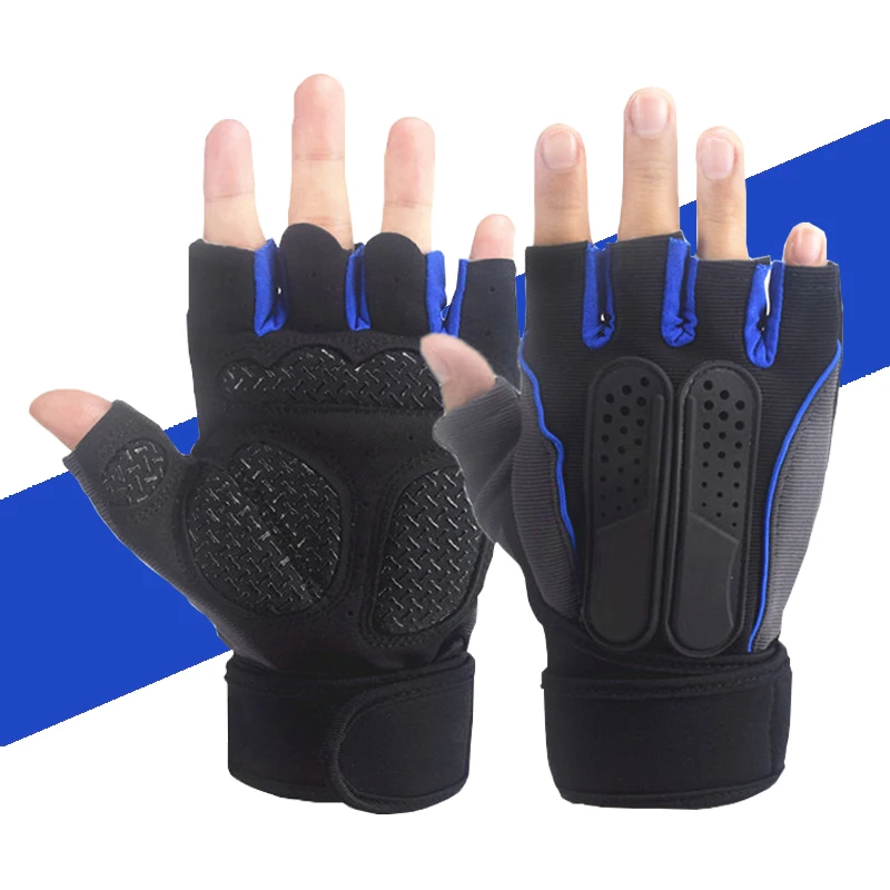 blue fitness gloves Перчатки для тяжелой атлетики, Нескользящие перчатки с полупальцами, спортивные перчатки для занятий в тренажерном зале, Кроссфит, тренировочные перчатки без пальцев для поддержки запястья - Цвет: blue fitness gloves