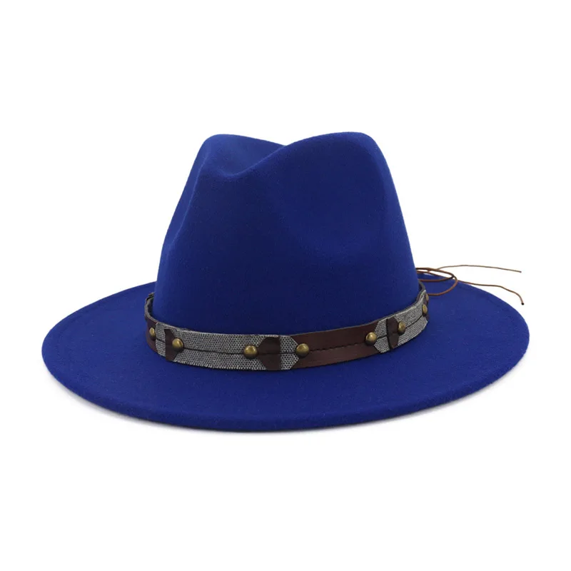 Royal Blue fedora FS черная розовая фетровая шляпа для женщин с плоскими полями, черные фетровые джазовые шляпы из Трилби для мужчин, Осень-зима, Панама, шляпа сомбреро, Mujer - Цвет: Royal Blue fedora