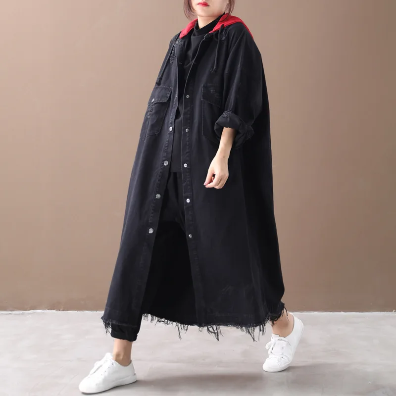 Черный Max LuLu осенняя одежда модные корейские роскошные женские джинсовые тренчи женские с капюшоном Большие винтажные длинные ветровки - Цвет: Черный