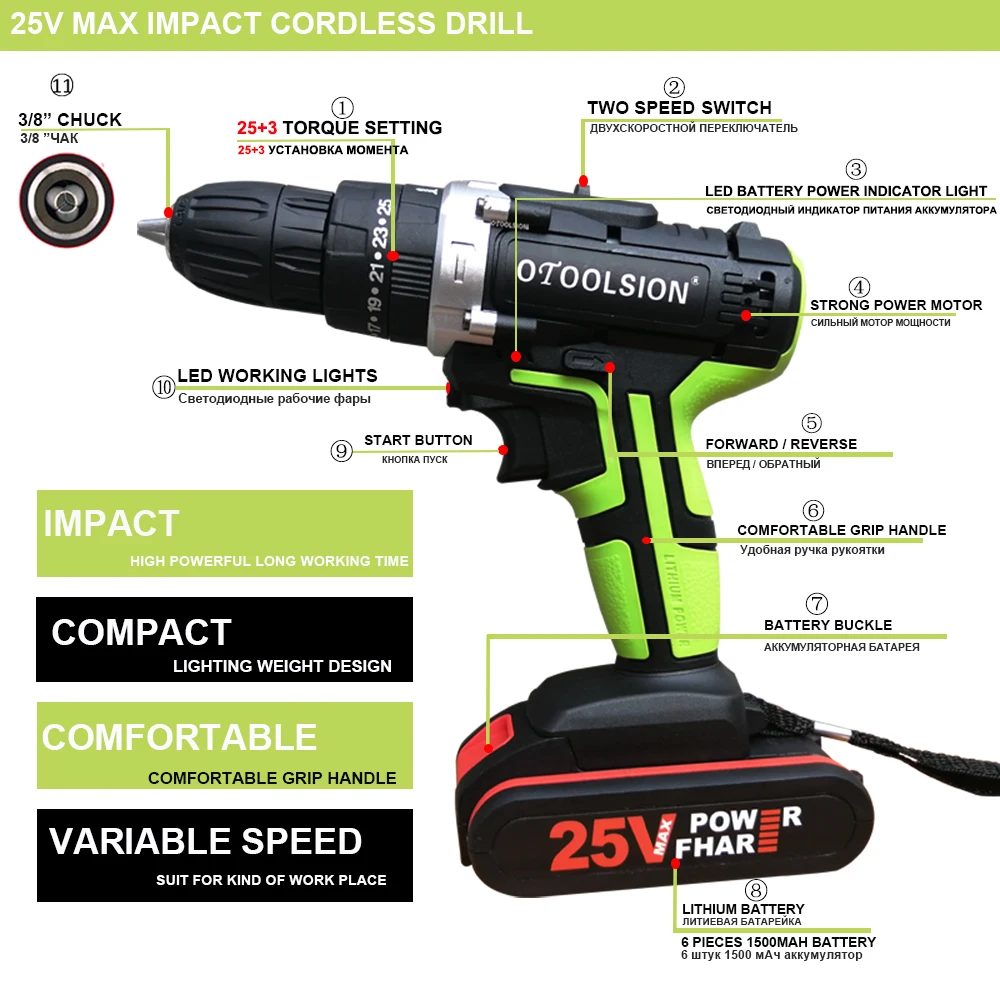 25V Electric Tools Impact Drill Impact Electric Screwdriver Impact Cordless Drill Electric Drill Battery Screwdriver 25+3 Torque