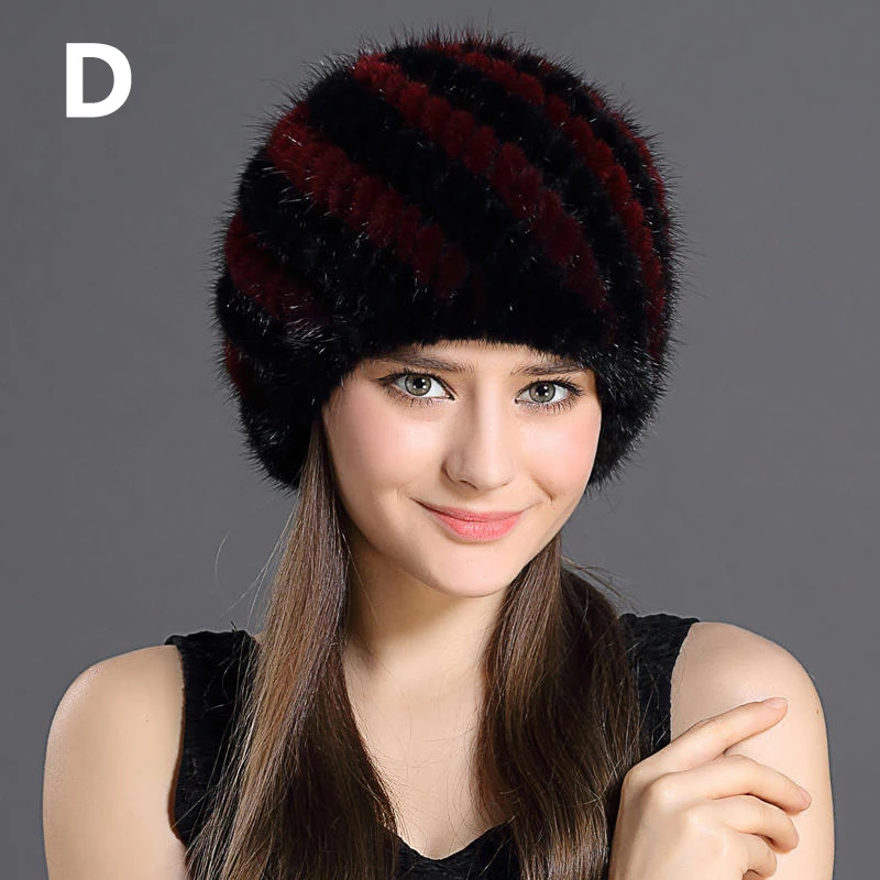 4 New Winter Lady Knitted Mink Fur Beanies Hat Knit Warm Striped Autumn Faux Fur Caps Women Good Elastic Streetwear Hat - Цвет: 4
