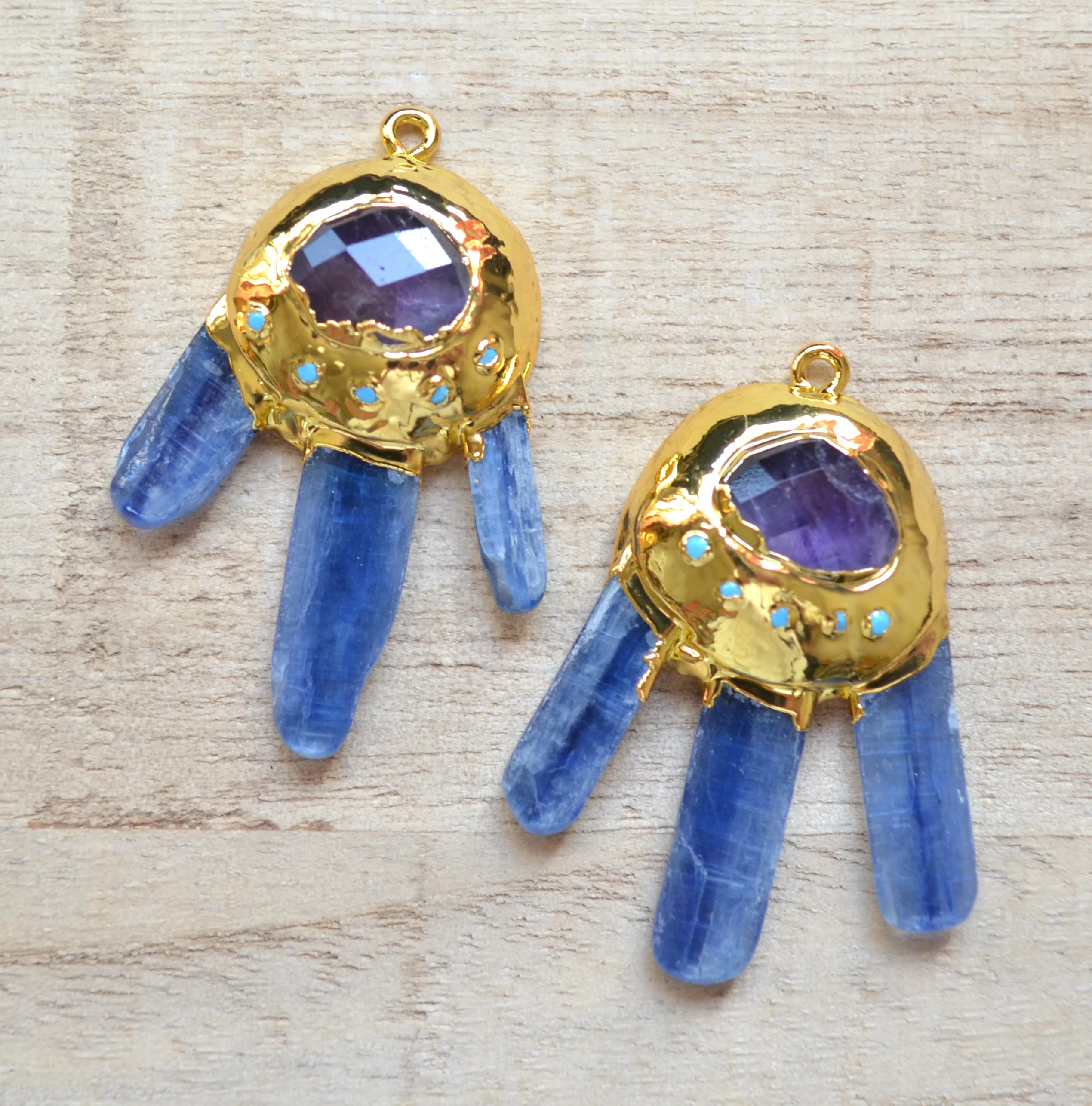 Raw Blue kyanite pendant with amethysts gold electroplated edges jewelry finding | Украшения и аксессуары