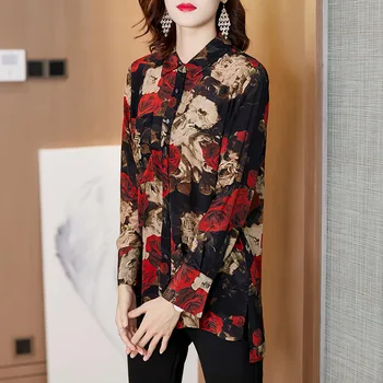 

Women's Spring High Fashion Elegant Front Short Long Back Flower Rose Printed Silk Blouses Female Turn Down Collar Loose Shirts