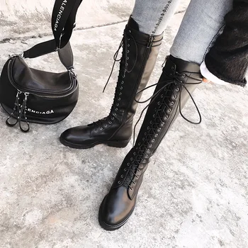 

Royesic Genuine Cow Leather Martin boots women's thick-soled flat heel 2020 autumn high boots round toe boots women