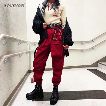 

Mnealways18 Black Winter Cargo Pants Streetwear Ribbon High Waist Trousers Pockets Casual Pants Women Red Loose Joggers 2020 New