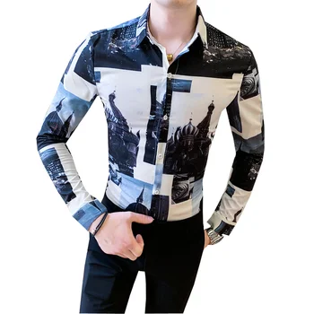 

2019 New Spring Casual Slim Fit Male Social Shirt Hawaiian Long Sleeves Streetwear Turn down Collar Shirts Men's Top Clothes