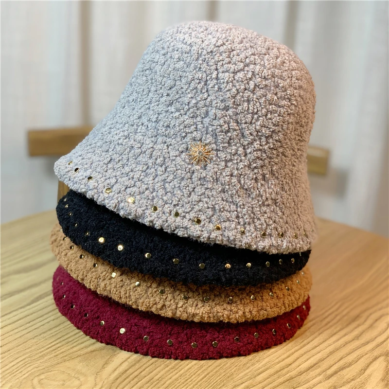 

Autumn Winter 6 Colors New Bucket Hats Women Luxury Rhinestone Rivet Sun Hat All Match Solid Street Fisherman Caps 54-60cm