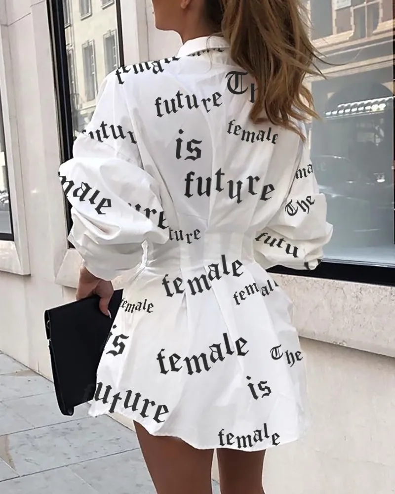 deat 2020 new summer clothes turn-down collar slim high waist printed letters mini length shirt dress WL80901XL
