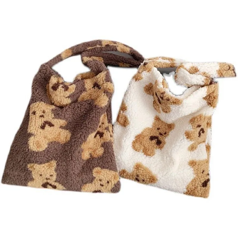 Women Lamb Like Fabric Shoulder Bag Autumn Winter Plush Cartoon Bear Handbags Large Capacity Shopping Bags Girls Cute School Bag women handbags