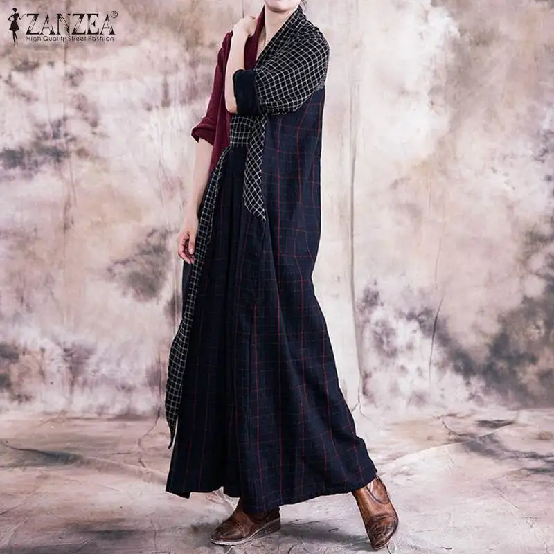 M 5XL, женское платье, весенние, винтажные, вечерние, длинные, макси, Vestidos, повседневные, с длинным рукавом, в клетку, из кусков, сарафан, женская мода, туника, Халат