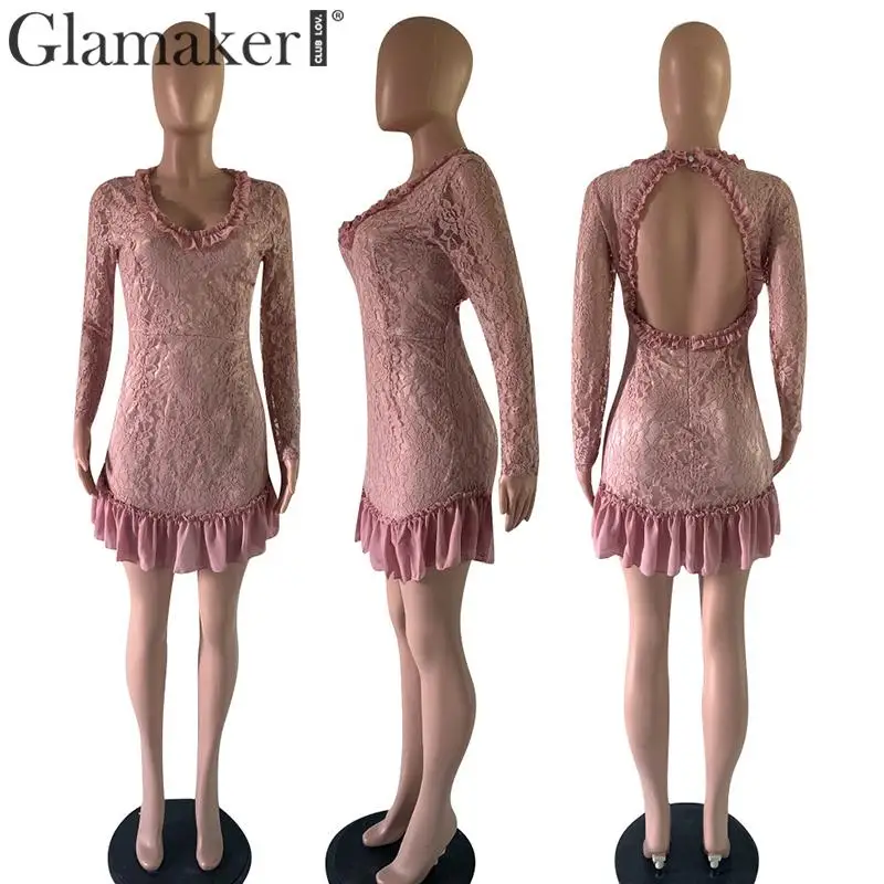 Glamaker, элегантное платье трапециевидной формы в стиле пэчворк с рюшами, сексуальное короткое платье с длинным рукавом, женское розовое осеннее винтажное кружевное платье
