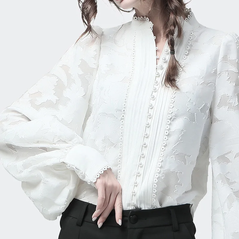 [LIVIVIO] жемчужные однобортные женские рубашки фонарь с длинными рукавами кружевной воротник Корейская верхняя одежда Женская Осенняя мода