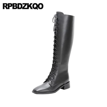 

plus size knee high lace up casual 41 boots designer shoes women luxury 2019 chunky patent leather square toe big black long new