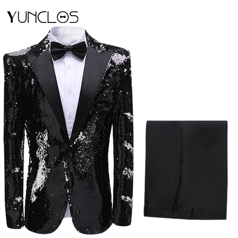 YUNCLOS,, мужские костюмы из 3 предметов, одна пуговица, свадебное платье с блестками для вечеринки(пиджак+ брюки+ галстук-бабочка