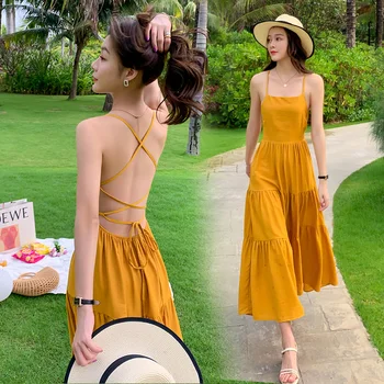 

Yellow chiffon stitching condole beach resort super sexy backless lace dress dress