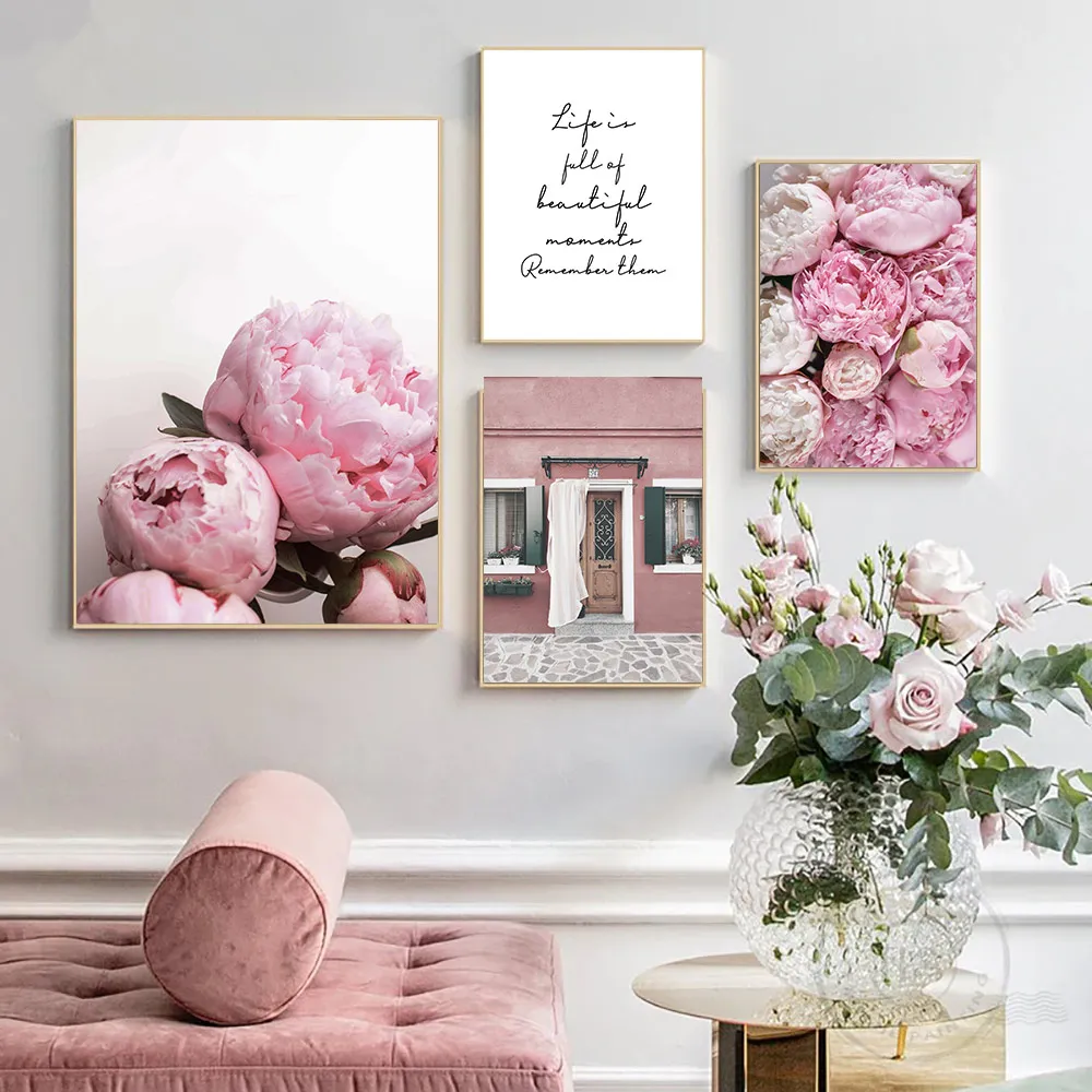 

Pink Peony Flower Canvas Painting Wall Art Quotes Art Poster Nordico Poster Print Modern Wall Pictures For Living Room Decor