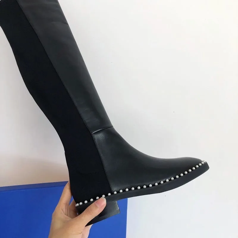 Black leather BELLECOM/4,5 см; квадратные эластичные сапоги; женские высокие сапоги; Mi Pearl; эластичные сапоги выше колен; высокие сапоги - Цвет: Black leather