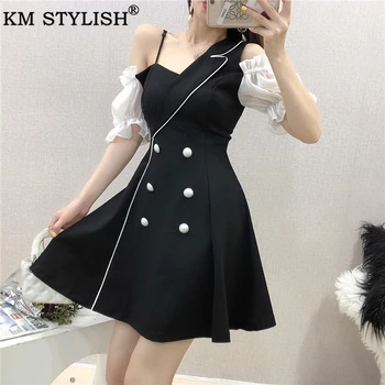 

Women's Clothings Korean Chiffon Irregular Black Dress Sexy Lady One-shoulder Strapless Puff Short Sleeve Slim Mini A-line Dress