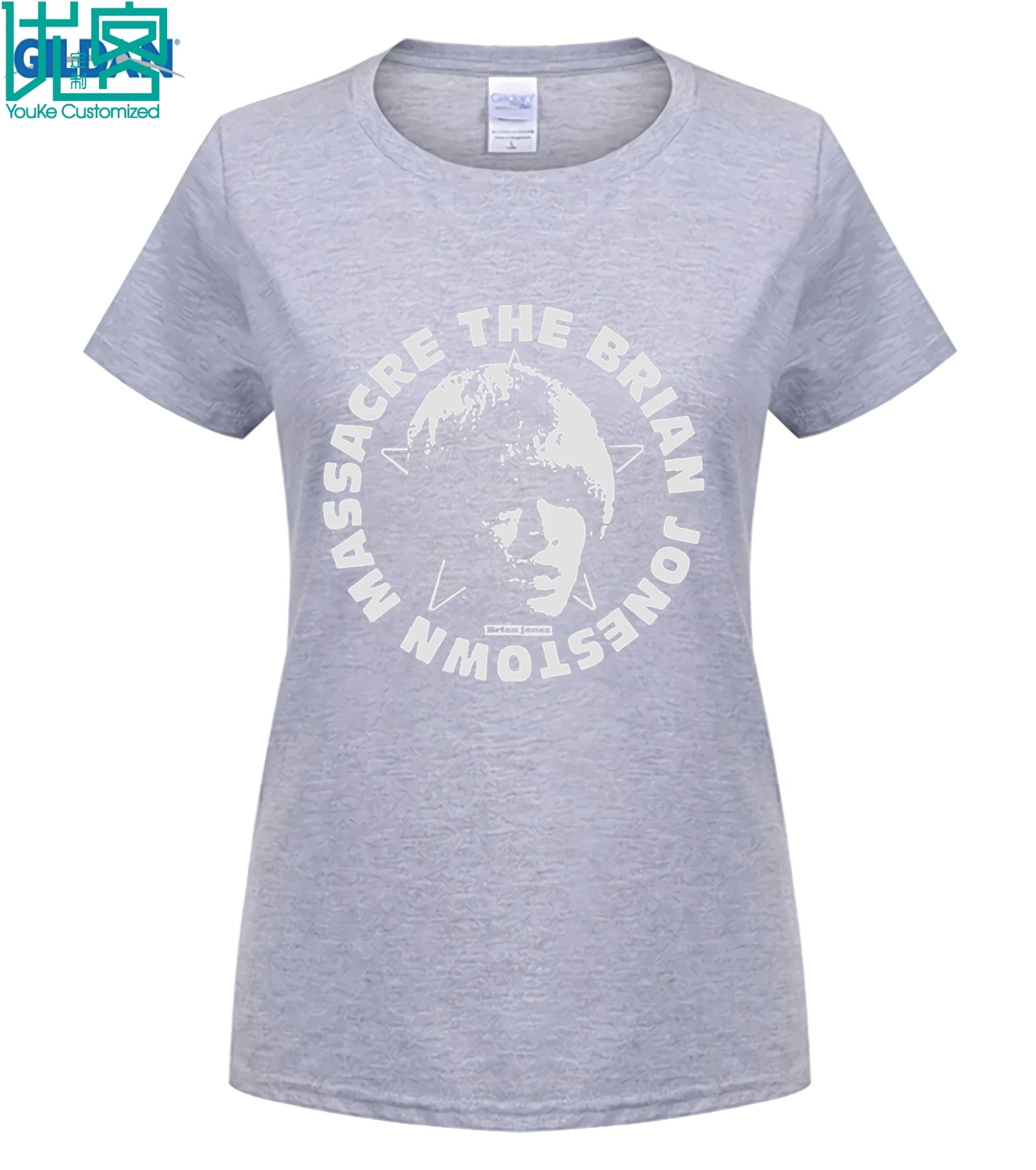 Футболка с надписью «logo' The Brian Jonestown Massacre»-Новинка! Футболки; брендовая одежда; приталенная одежда с принтом и круглым вырезом - Color: women Light grey