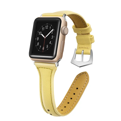 yellow Ремешок из натуральной кожи для Apple Watch 42 мм 38 мм iwatch 4 ремешка 44 мм 40 мм браслет наручный ремень ремешок для часов 4 3 2 1 Аксессуары - Цвет ремешка: yellow