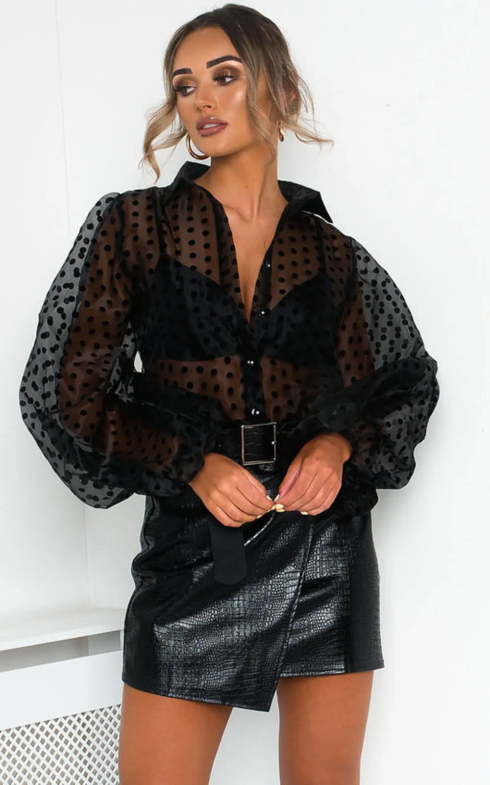 Женская блузка в горошек с сетчатым узором и длинным рукавом, женские свободные рубашки с пышным рукавом и отложным воротником, большие размеры