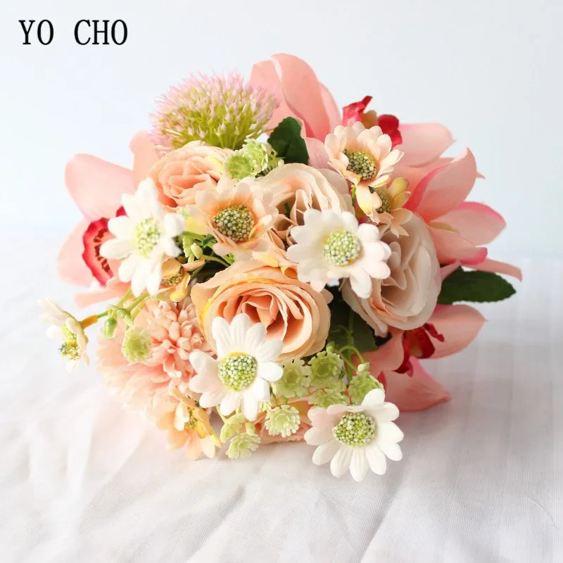 

YO CHO Bouquet Artificial Silk Rose Flower Bridesmaid Wedding Bouquet Orchid Pompom Flower Champagne Bride Prom Wedding Supplies