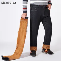 Winter Jeans Mens Fleece Warm High Waisted Male Stretch Pants Black Plus Size 44 46 48 50 52 Men Denim Thick Velvet Man Trousers