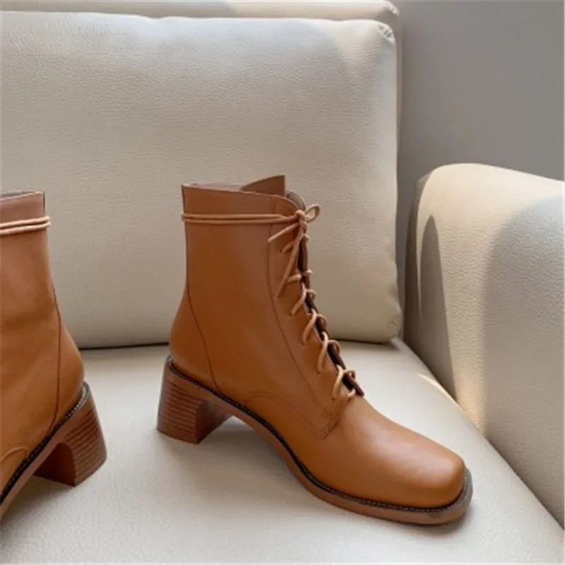 Zapatos De Mujer bottes femme; ботинки на среднем каблуке с квадратным носком; Calzado Mujer; женская обувь с перекрестной шнуровкой; осенние ботинки в стиле ретро - Цвет: leather lining