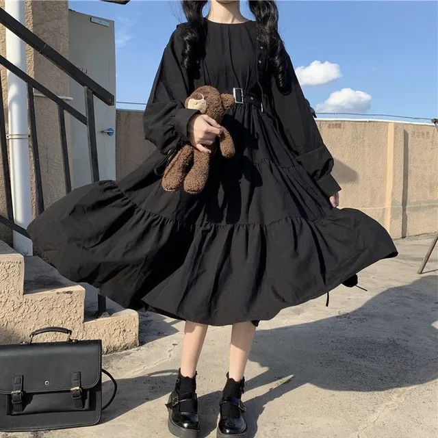 QWEEK Gothic Style Dress Women Harajuku Gothic Lolita Kawaii Dress Punk Cute Long Sleeve Black Midi Dress 2021 Emo Mall Goth 2
