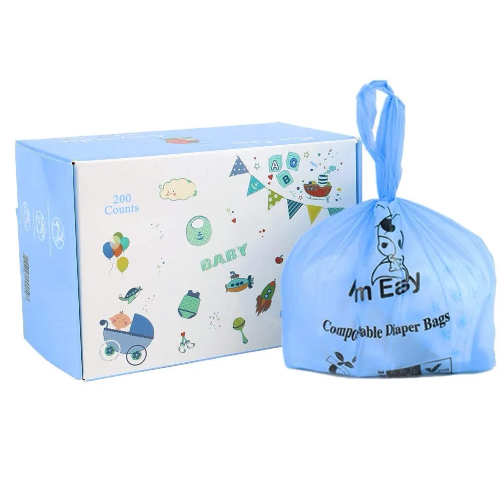 Mom Easy 200 Counts Biodegradable Diaper Bags Blue Large Tie Handle