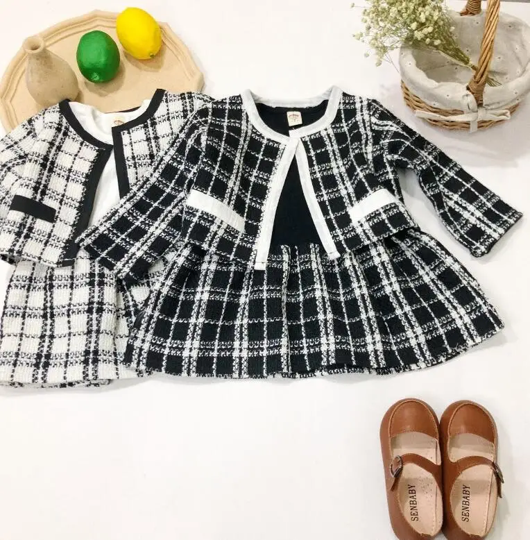 Baby Girls Fall Elegant Plaids Sets, Coat+ Long Sleeve Dress 6 sets/lot, Wholesale, Free Shipping