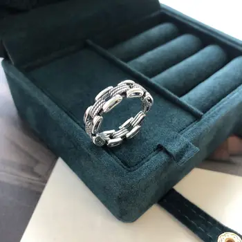 

S925 Sterling Silver Hollow Chain Ring Open Design Thick Elegant Retro Vintage Single Ring Korean Ring