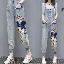 Комбинезоны, штаны, персональный мультяшный котенок, высокая талия, джинсы для женщин, толстые, ковбойские, с вышивкой, с дырами, комбинезоны размера плюс S-3XL