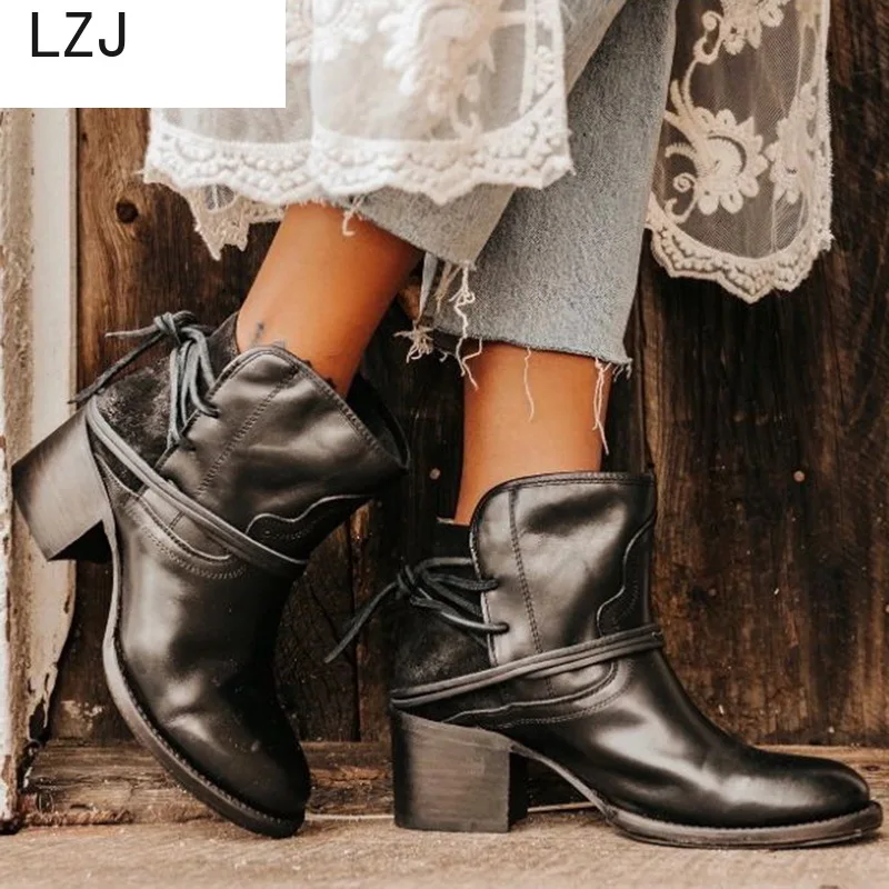 

LZJ 2019 Women Ankle Boots Block High Heels Botas Zapatos Mujer Retro Leather Winter Shoes Plus Size Booties Cowboy Boots 35-43