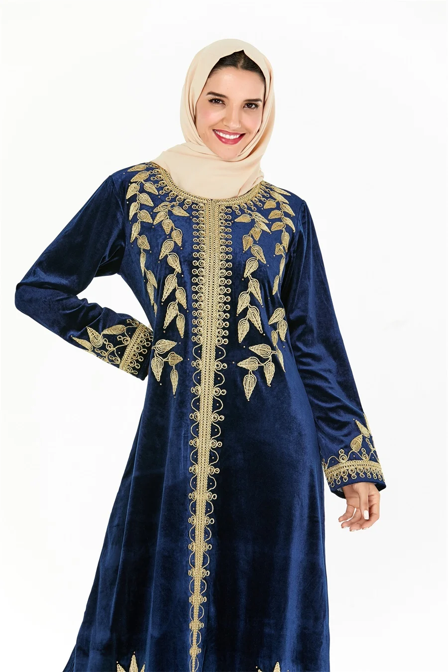 Siskakia арабские платья абайя шикарные Золотые листья Вышивка мусульманское длинное платье Синий бархат Стразы Дубай платья для женщин