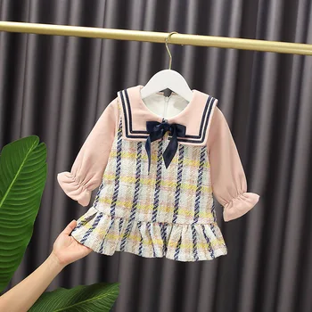 

2020 Winter Women's Baby Lapel Cute Woven Skirt Padded Flounced Skirt Princess Dress Above Knee, Mini Plaid Cotton Casual Full