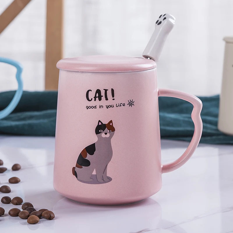 Стакан с крышкой керамическая Милая кошка canecas tazas de ceramic a creativas mokken Пара кружка кофейная чашка чашки и кружки мультфильм ins Новинка - Цвет: Розовый