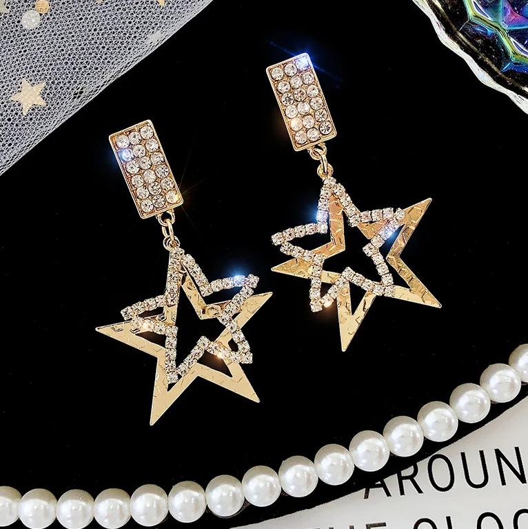 Ramos Popular Korean Style Double Star for Women Shiny Gold Color Rhinestone Dangle Earring Bar Party Jewelry Gif | Украшения и