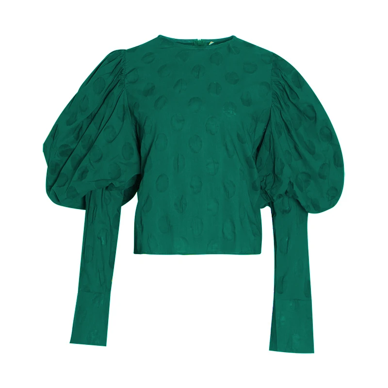 CHICEVER Корейская рубашка в горошек для женщин с круглым вырезом и рукавами-фонариками, большие размеры, свободная блузка, Женская Осенняя мода, новая одежда - Цвет: green