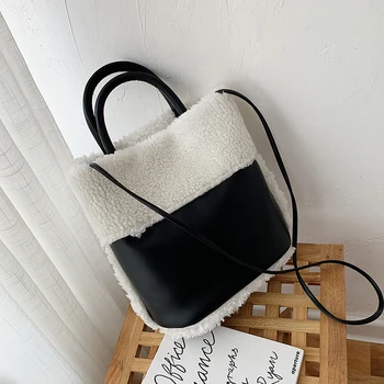 

2021 Autumn Winter Sac Hit Color Shoulder Bag Female Korean Style Plush Bucket Bags Ins Messenger Bag Soft Warm Faux Fur Handbag