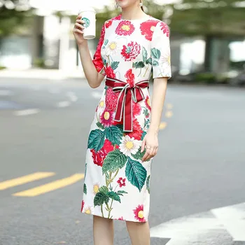 

HIGH QUALITY New 2020 Designer Runway dress Women's O-Neck short sleeve Sashes Prairie Chic Floral Print dress
