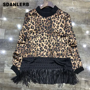 

European Style Long Tshirt Women 2020 Spring New Tassel Leopard Pattern Crew Neck Long Sleeves Loose T-Shirt Pullovers Femme