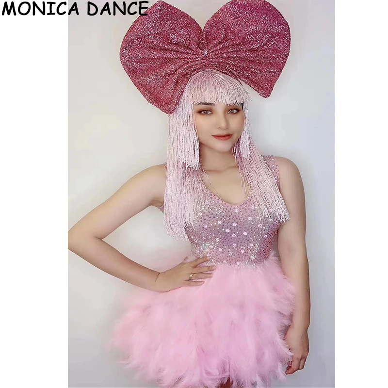 Women Sexy Flashing Rhinestone Pink Feather Backless Short Dress Red Bow Birthday Celebrate Outfit Dance Costume | Тематическая