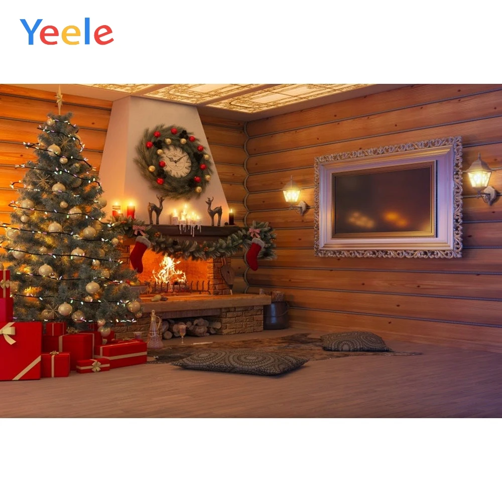 

Yeele Christmas Tree Fireplace Clock Sock Wood Background Vinyl Baby Portrait Photography Backdrop For Photo Studio Photophone