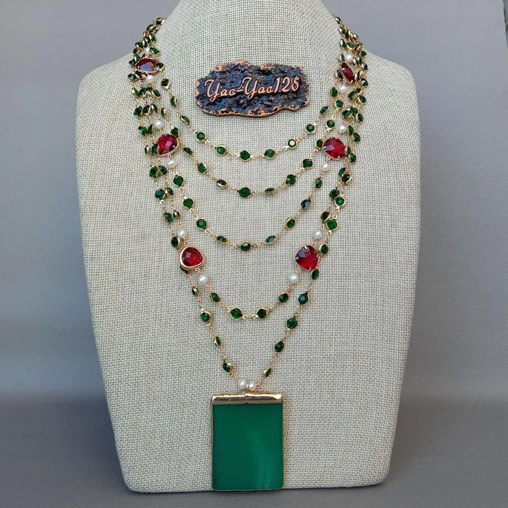 YYGEM Green Agate Pendant 5 Strands 18'' White Pearl Green red Crystal Chain Necklace handmade vintage party style pendant necklace