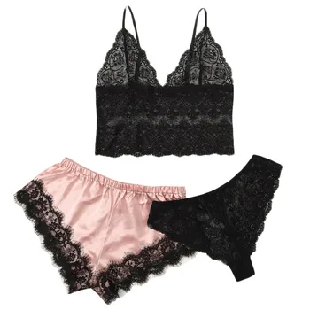 

3pc cute Shorts Pajamas for Women Lace Bra squarepant Stain Camisole Pajamas Briefs Sleepwear Bowknot Shorts Lingerie Set