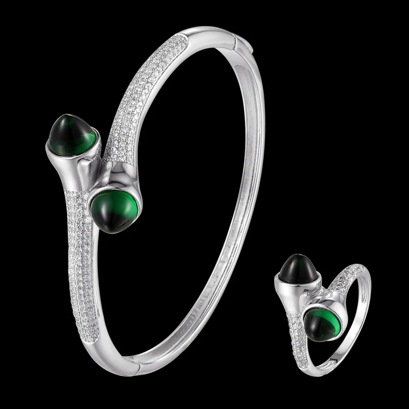 Zlxgirl brand copper full micro pave setting zircon love's bangle with ring jewelry set classic bracelet accessory - Окраска металла: silver green