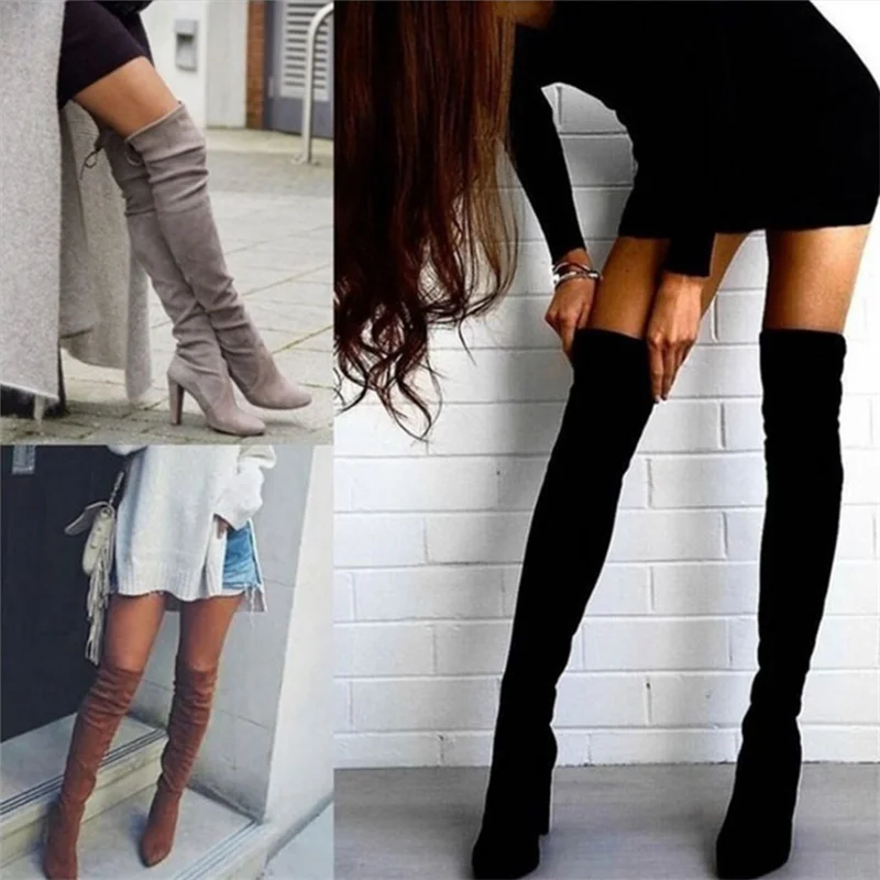 

2021 Women's Boots Winter Over the Knee Ladies Boots Stretch Fabric High Heel Overshoes Pointed Toe Women's Boots Size 34-43