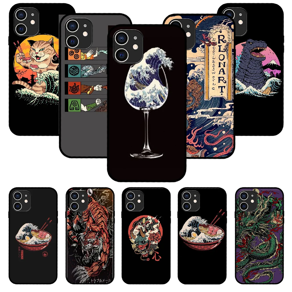For iPhone 11 12 8 Plus Mini Pro X XR XS Max 4 5 7 6 6S SE Phone Case Black Cover Etui Japanese Cartoon Animal Sushi Wave | Мобильные