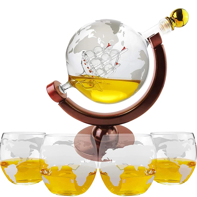 fervory Botella De Whisky Botellas De Vidrio para Licores Whisky Decanter Set Vodka Globe Decanter con 4 Vasos Dispensador De Licor con Soporte De Madera para Scotch Bourbon 